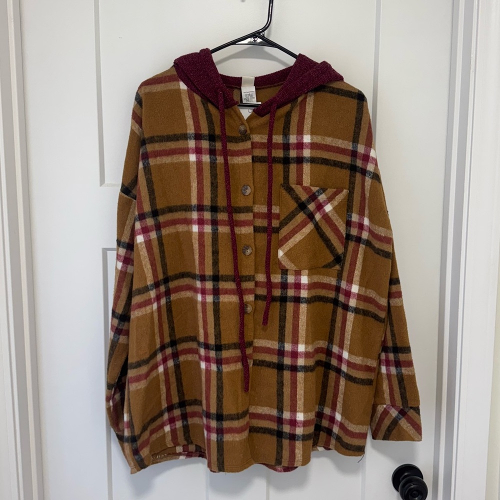 7th Ray Carmel Plaid Hooded Shacket NWT
